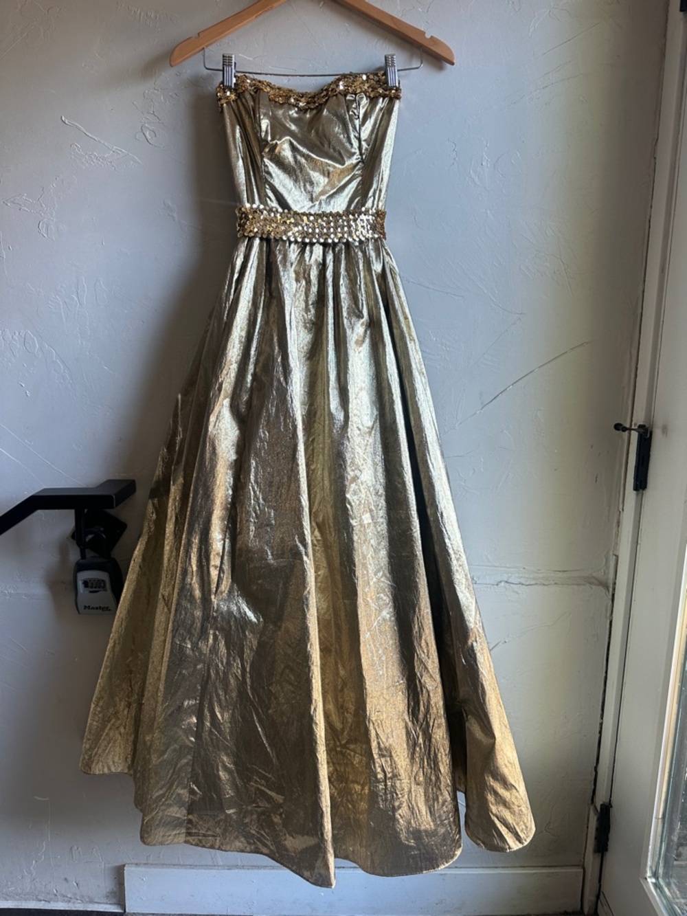 Vintage Gunne Sax Gold Metallic Strapless Gown Fairycore Formal Dress Sz 5‎